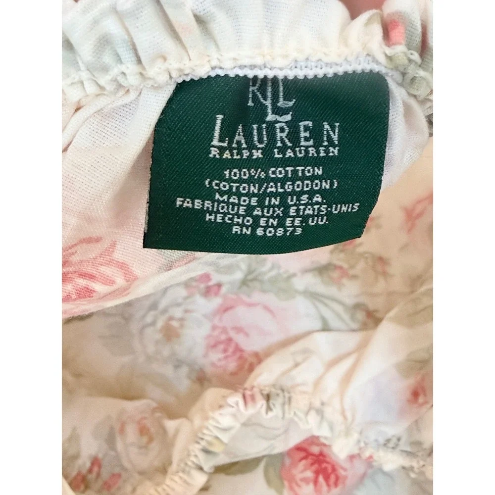 Ralph Lauren Faye Floral Twin Fitted Sheet Pink Roses Cream Cotton Made in USA